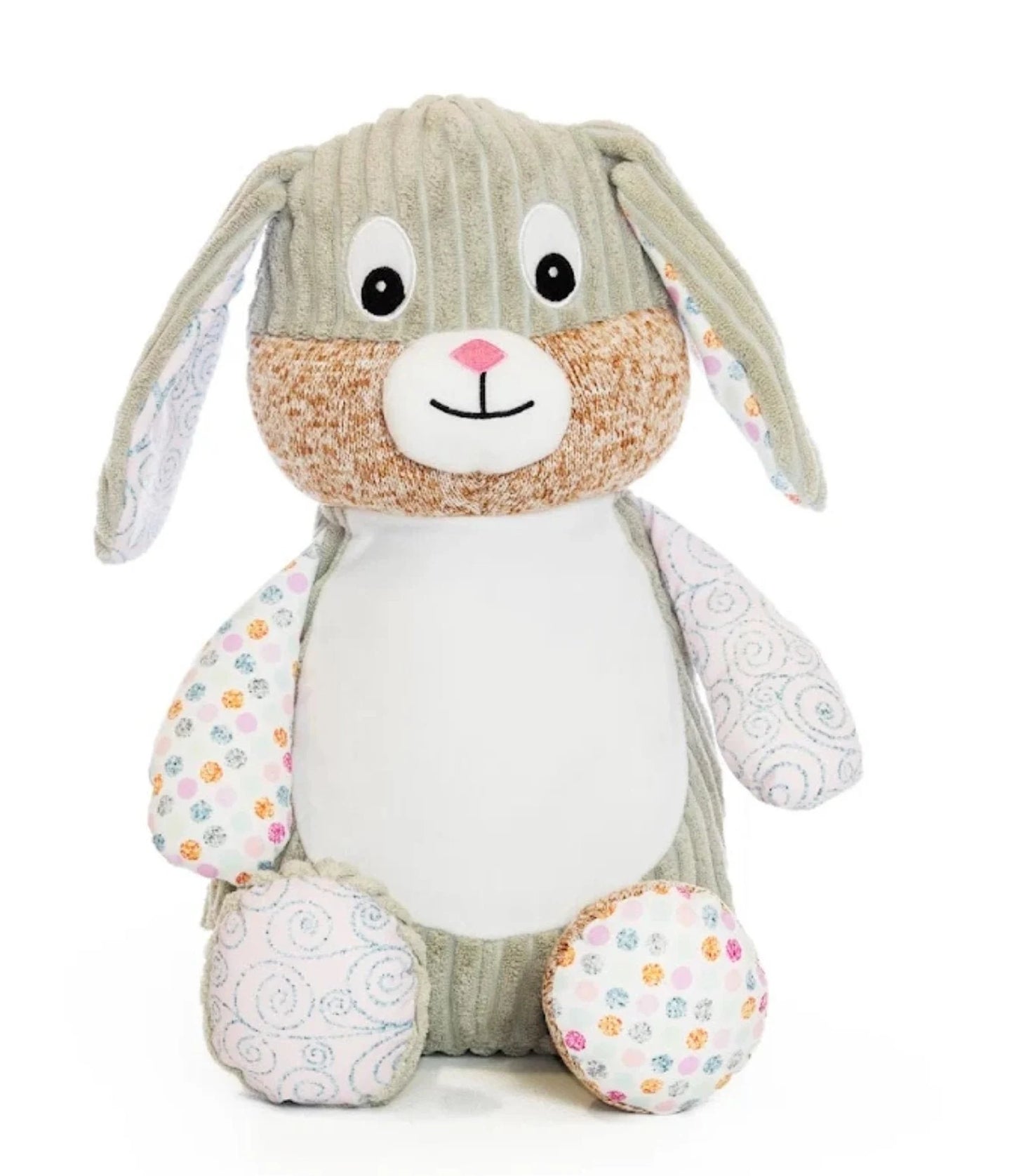 Plush toy rabbit with patterned ears and feet on a white background