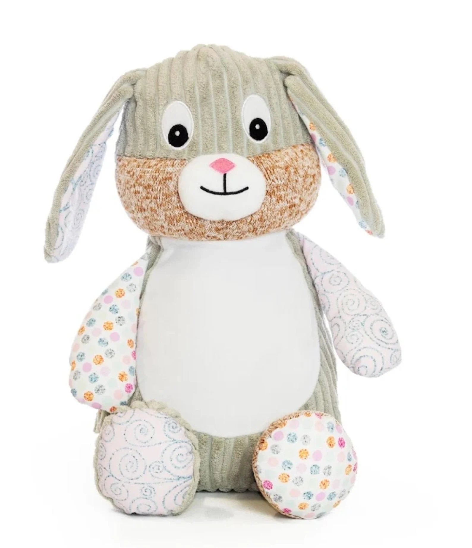 Plush toy rabbit with patterned ears and feet on a white background