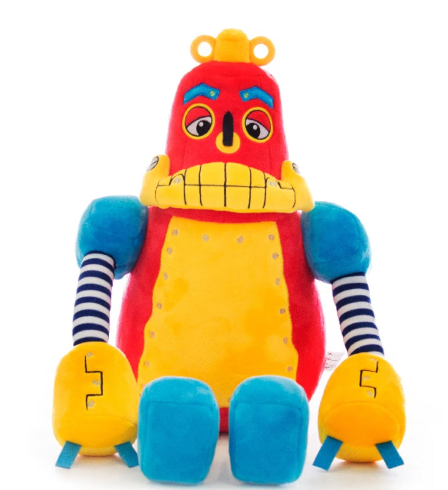 Colorful plush toy with a red face, yellow body, and blue accents on a white background