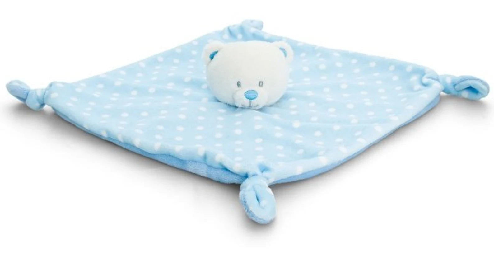 Blue polka dot blanket with a white teddy bear on a white background