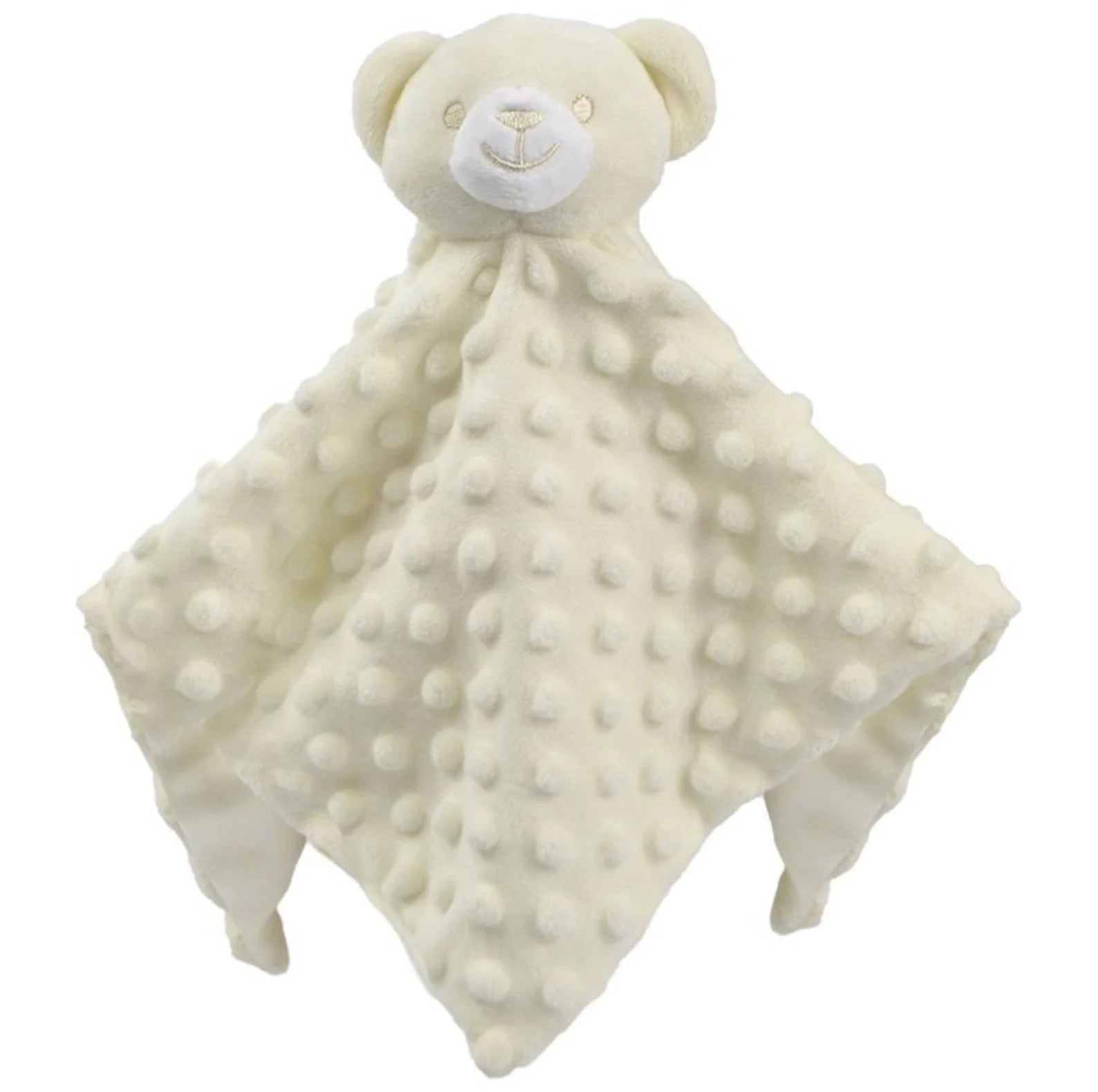 cream teddy bear security blanket with textured surface on a white background