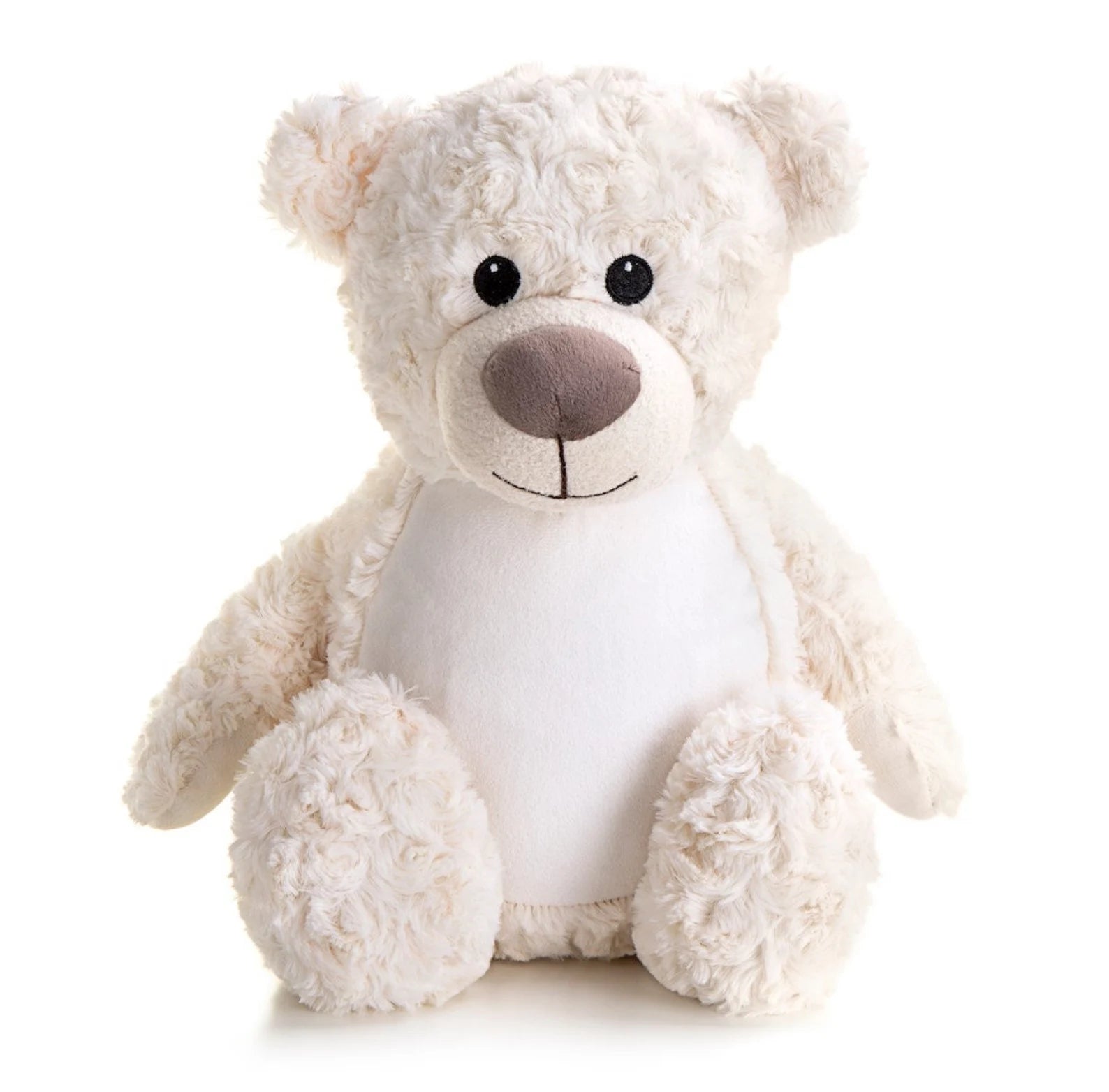 Cream teddy bear with a brown nose on a white background
