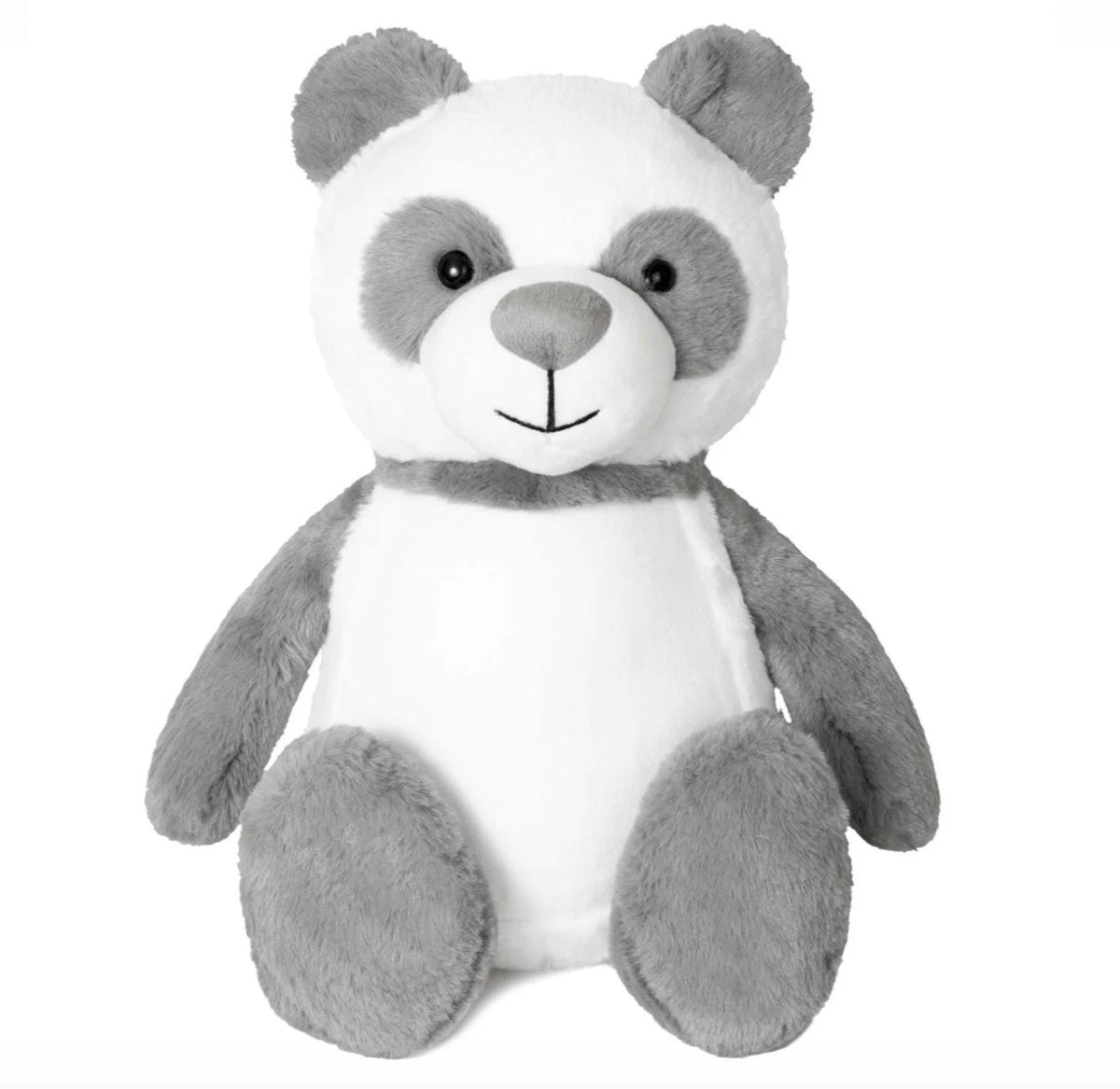 Plush toy panda with gray body and white face on a white background