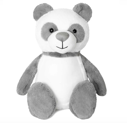 Plush toy panda with gray body and white face on a white background