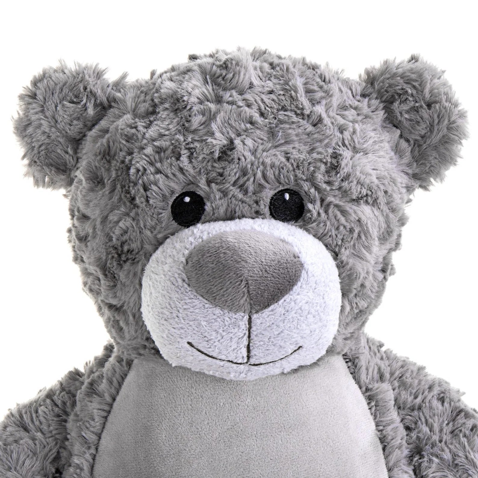 Close-up of a gray teddy bear with a white muzzle on a white background