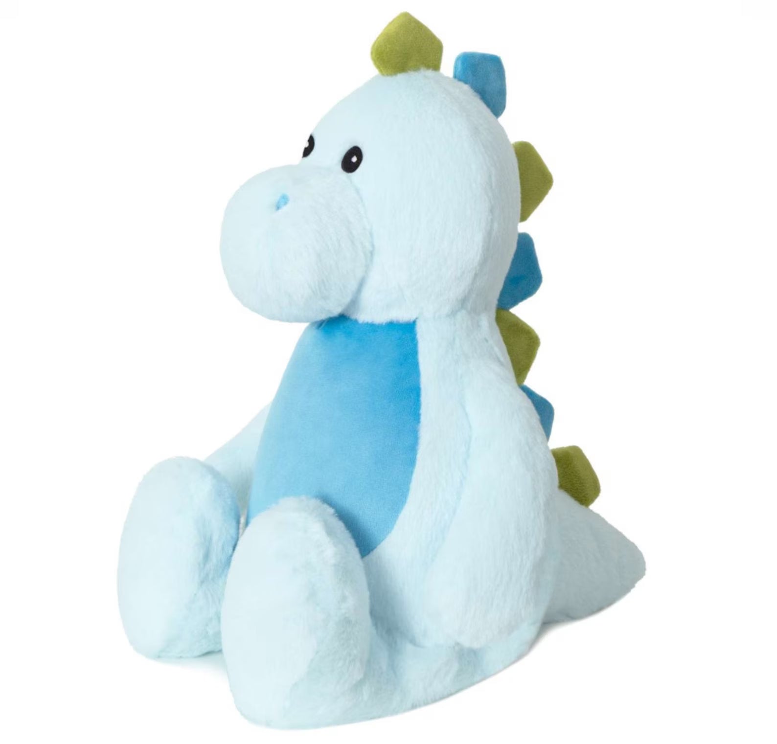 Plush dragon toy with blue and green accents on a white background