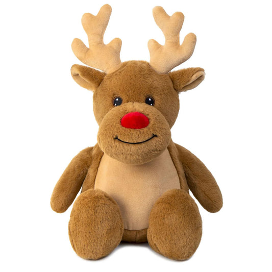 Plush reindeer toy with a red nose on a white background