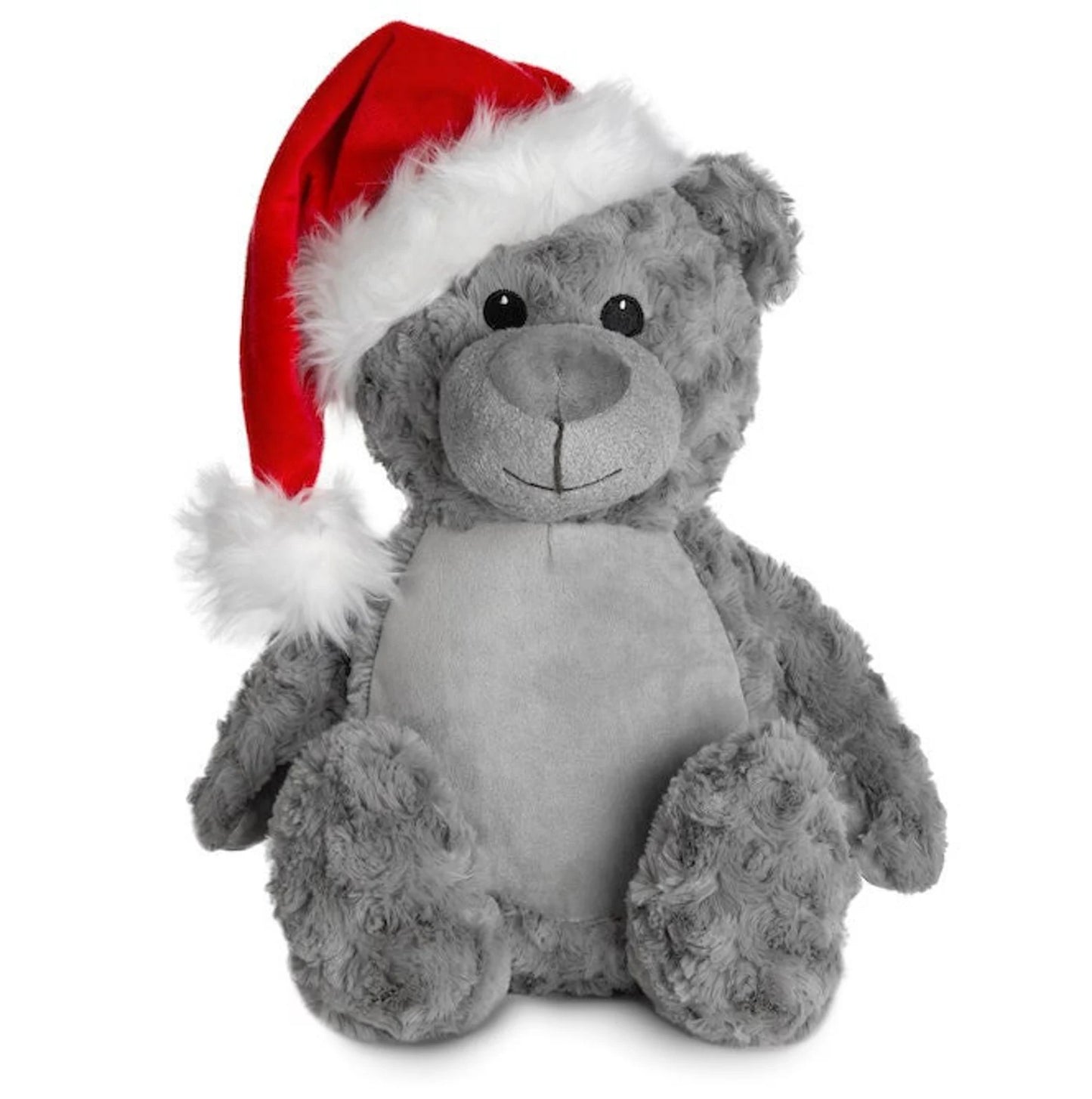 Gray teddy bear wearing a red Santa hat on a white background