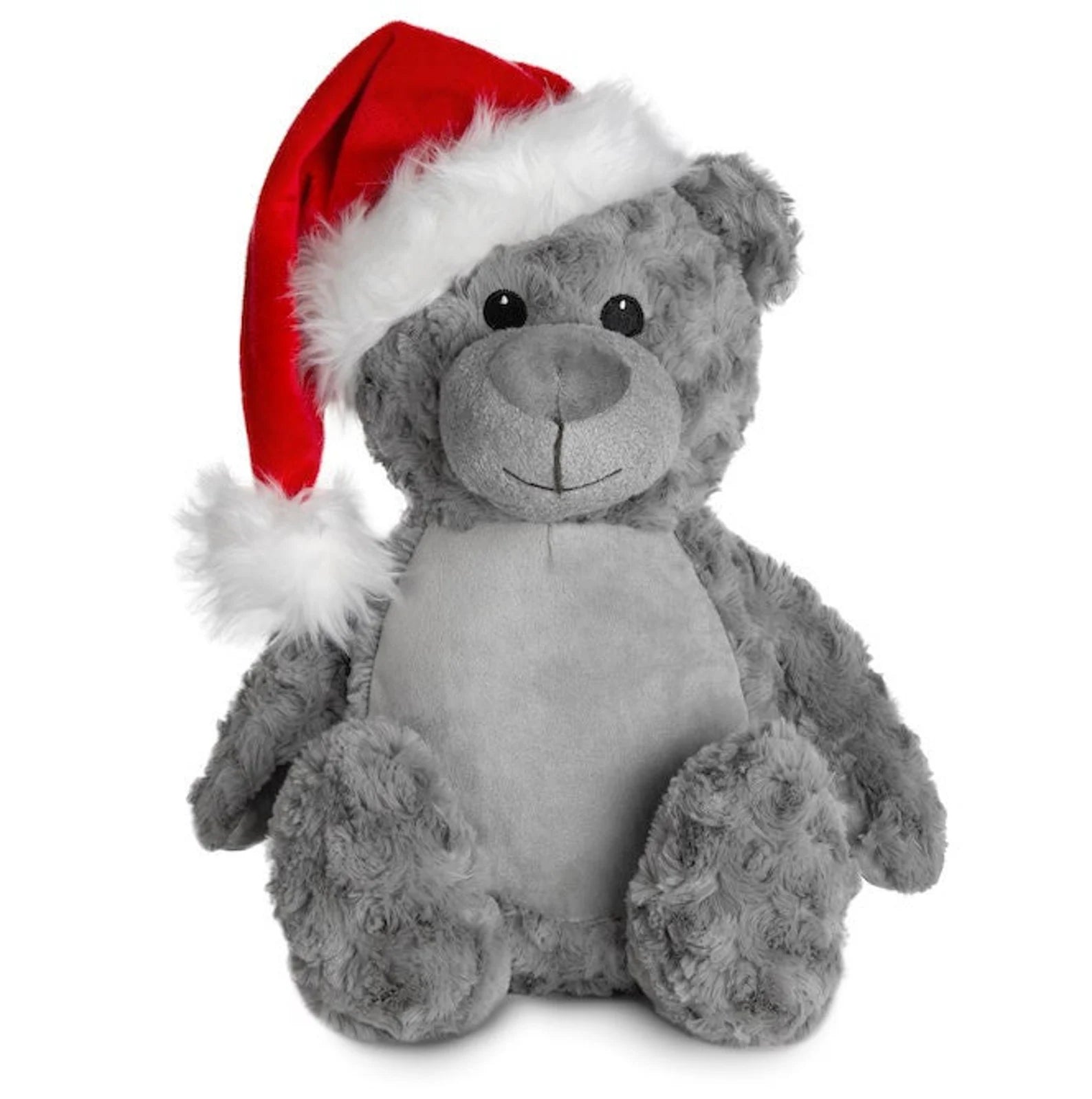Gray teddy bear wearing a red Santa hat on a white background