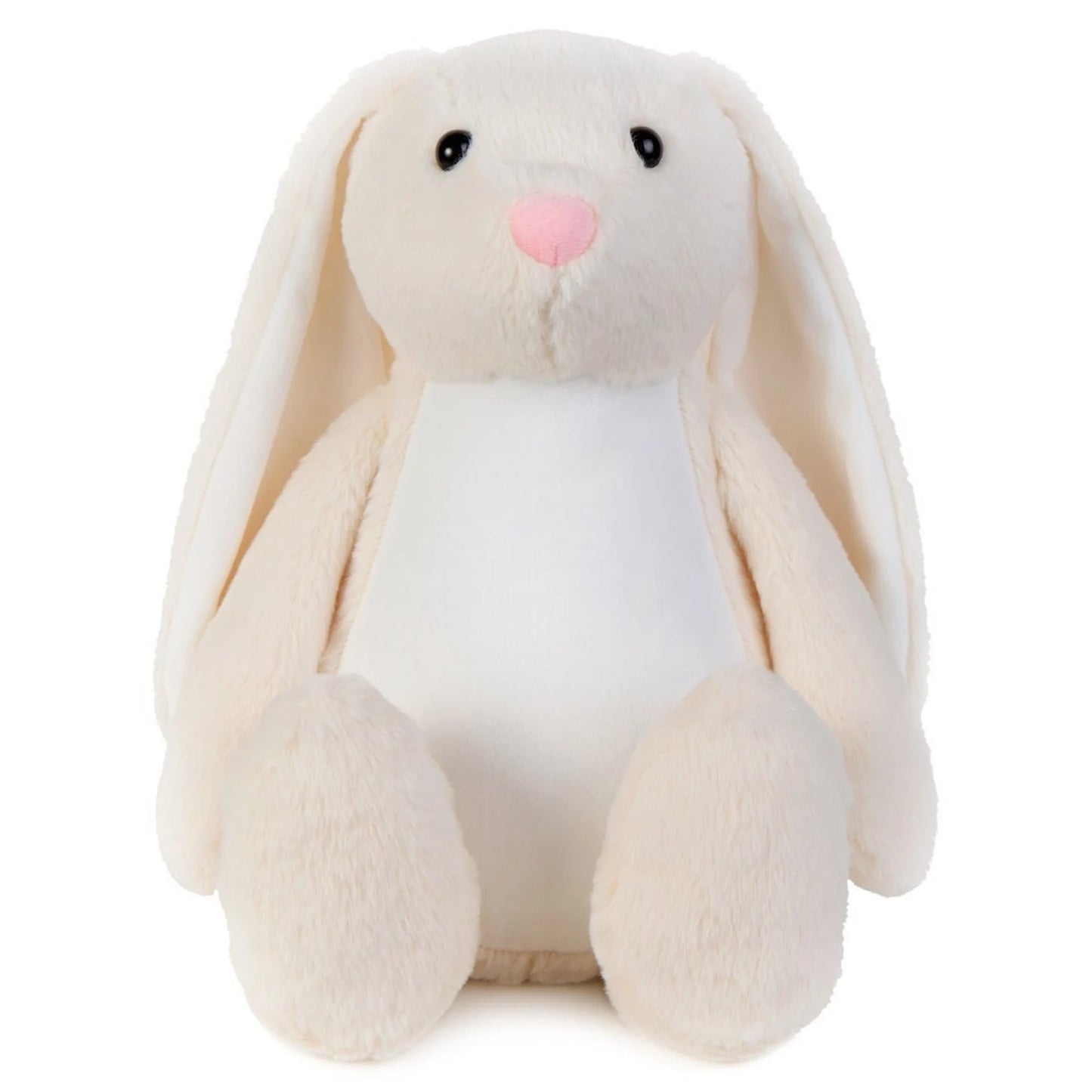 White plush bunny toy with a pink nose on a white background