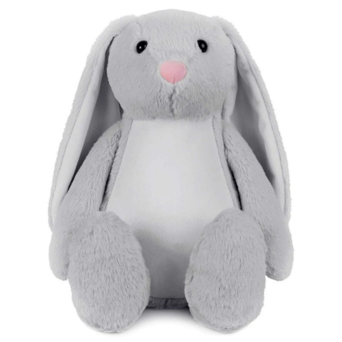 Gray plush bunny toy with a pink nose on a white background