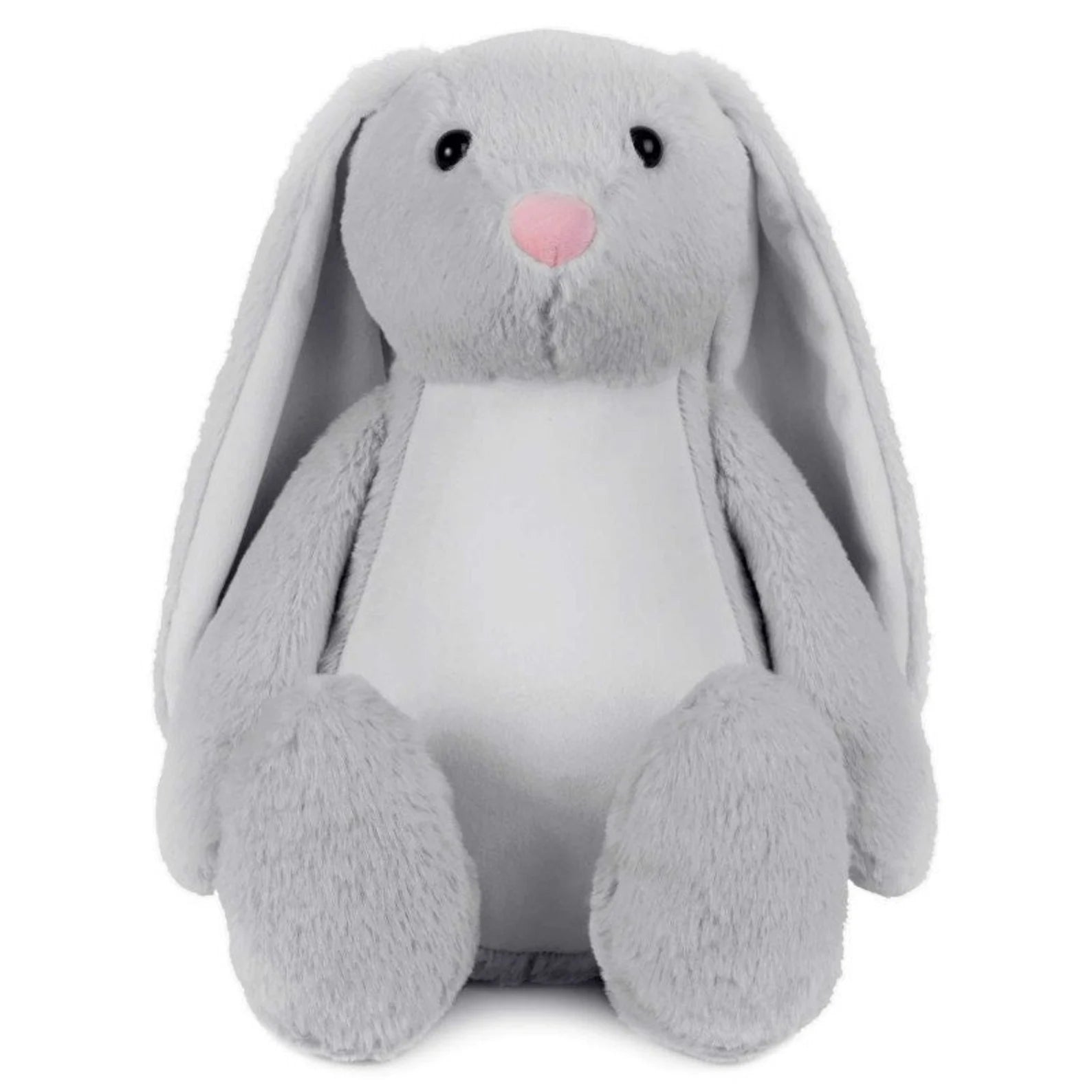 Gray plush bunny toy with a pink nose on a white background
