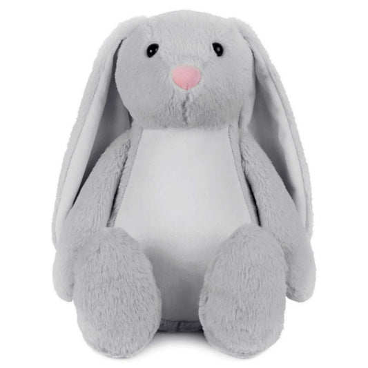 Gray plush bunny toy with a pink nose on a white background