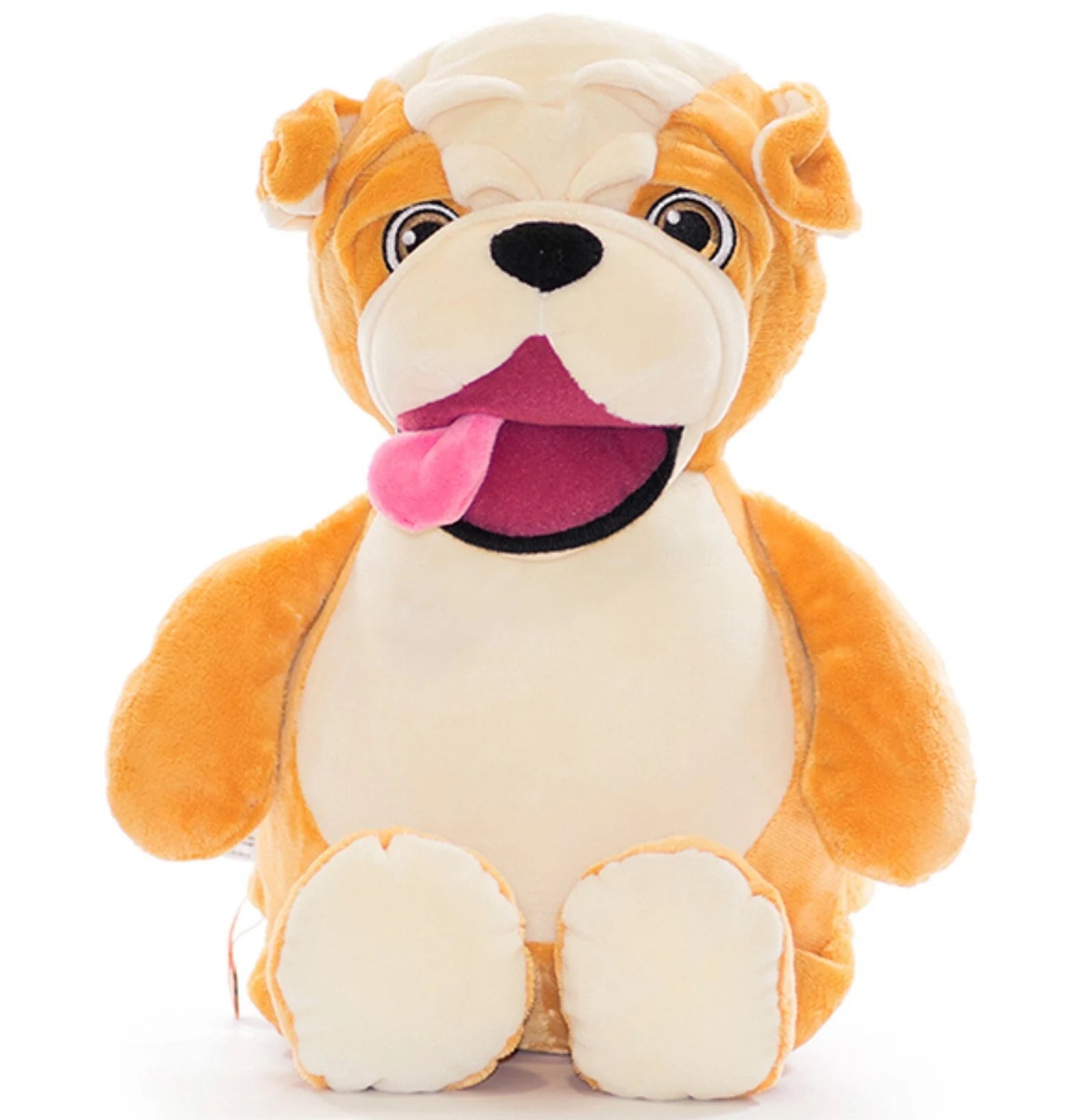 Plush toy dog with a happy expression on a white background