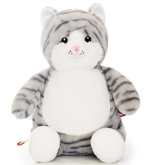 Plush toy cat with gray and white fur on a white background