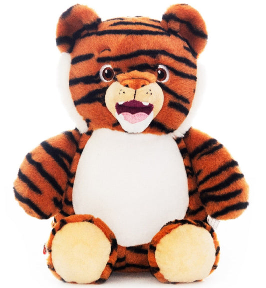 Plush tiger toy with a white belly on a white background