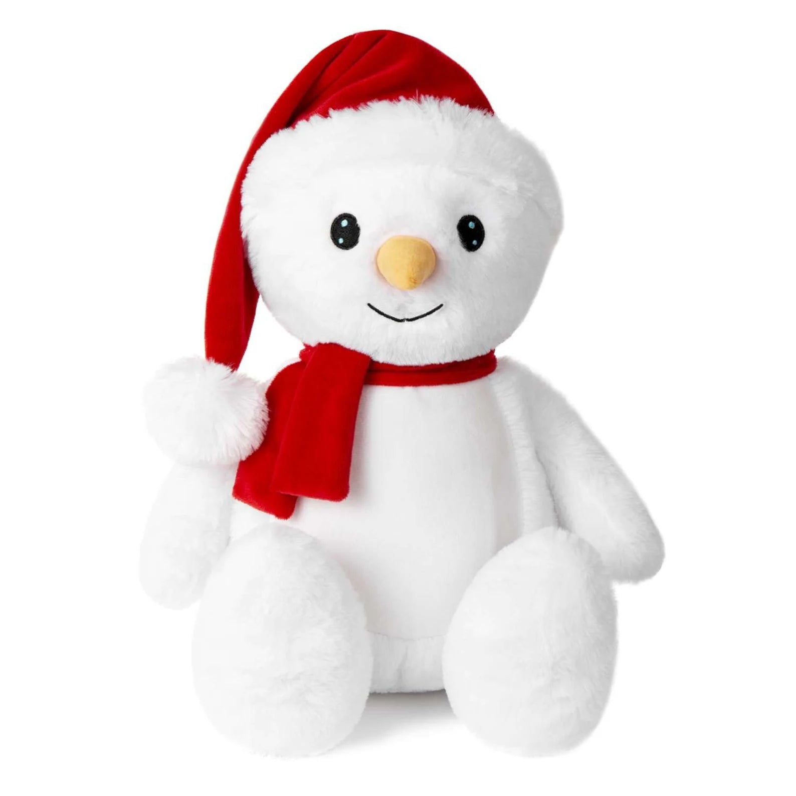Plush snowman toy with a red hat and scarf on a white background