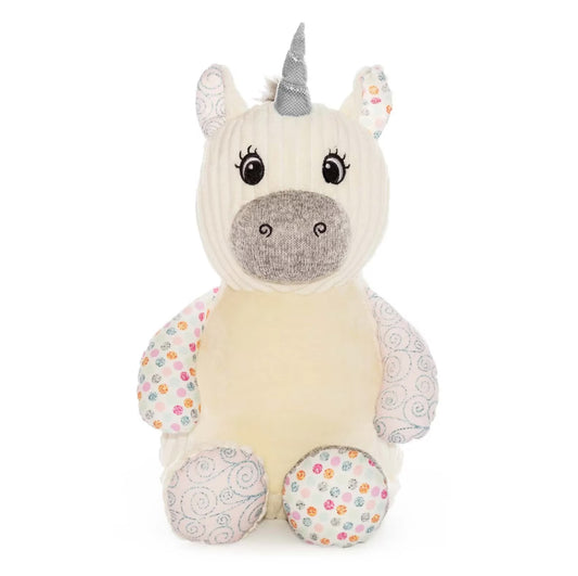 Plush unicorn toy with floral patterns on a white background
