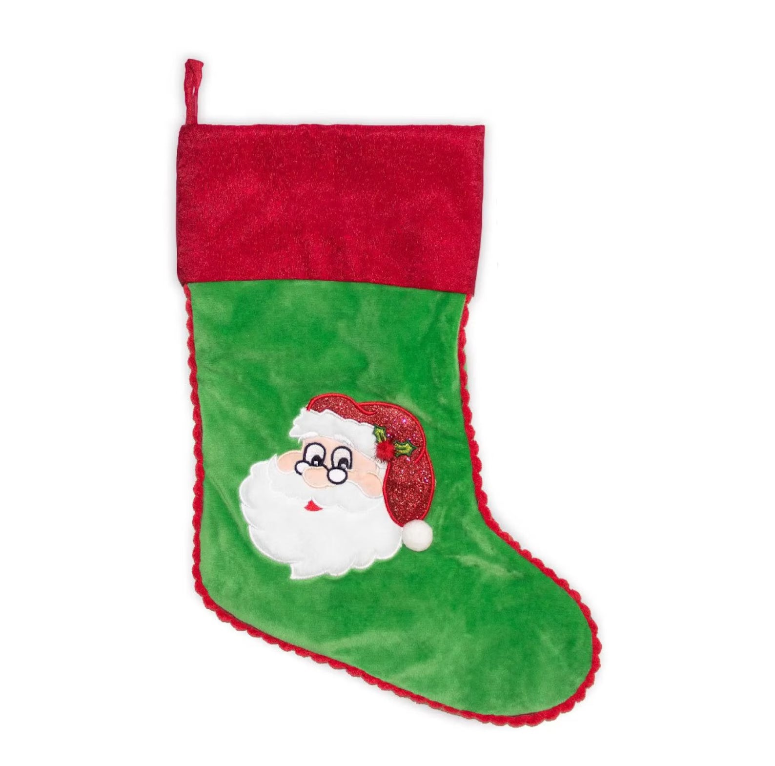 Green Christmas stocking with Santa Claus face on a white background