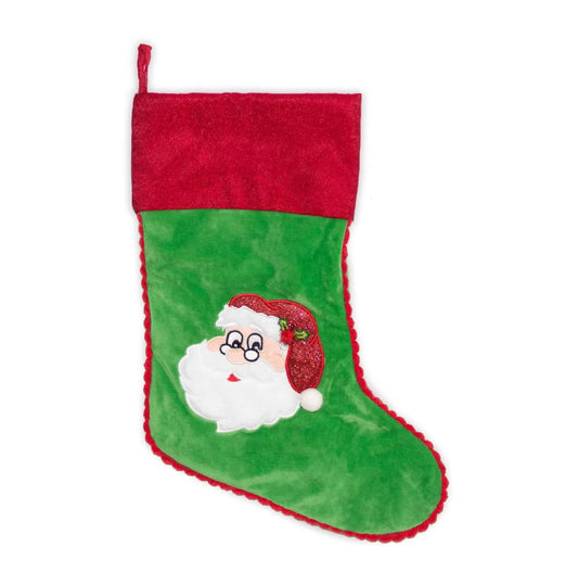 Green Christmas stocking with Santa Claus face on a white background