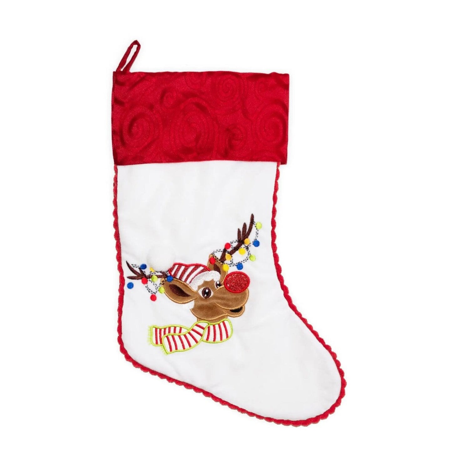 Christmas stocking with reindeer design on a white background