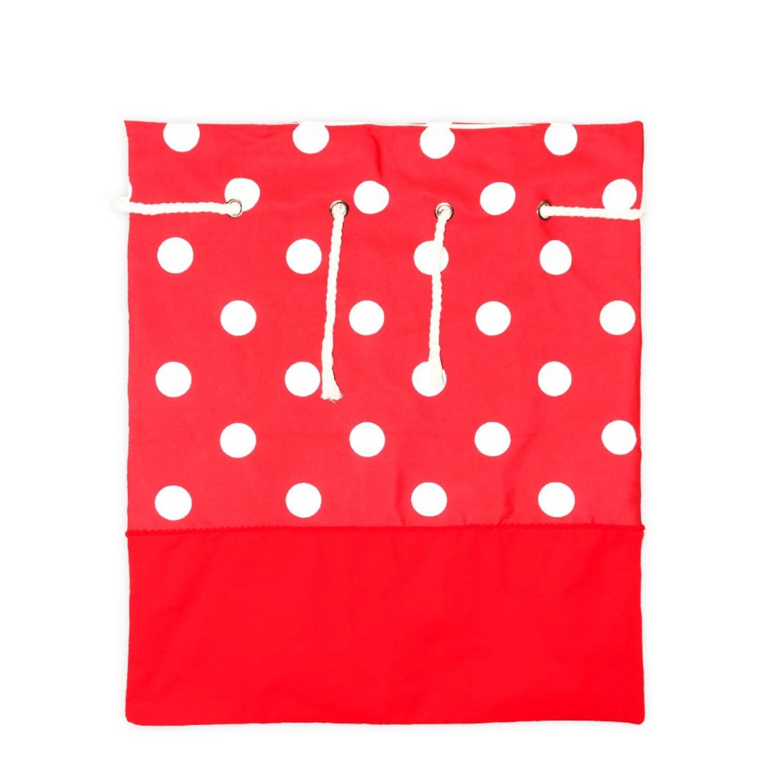 Red drawstring bag with white polka dots on a white background