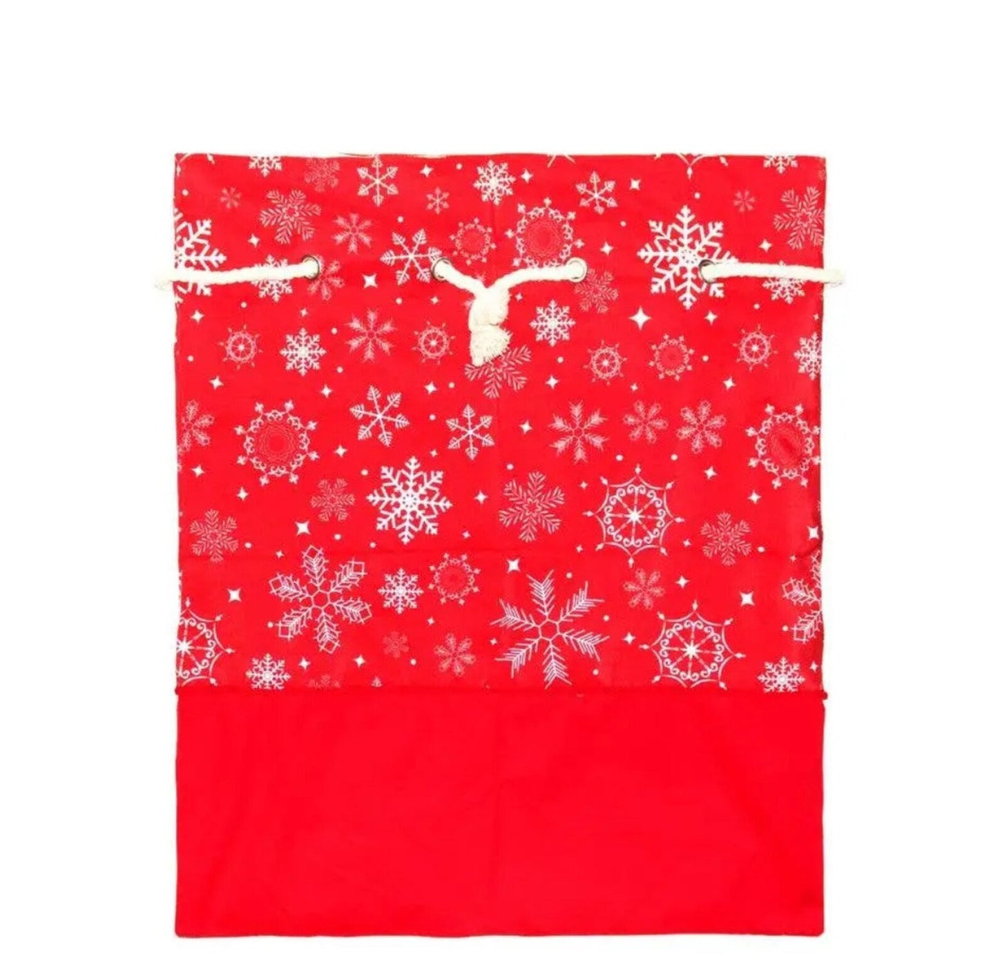 Red drawstring bag with white snowflake pattern on a white background