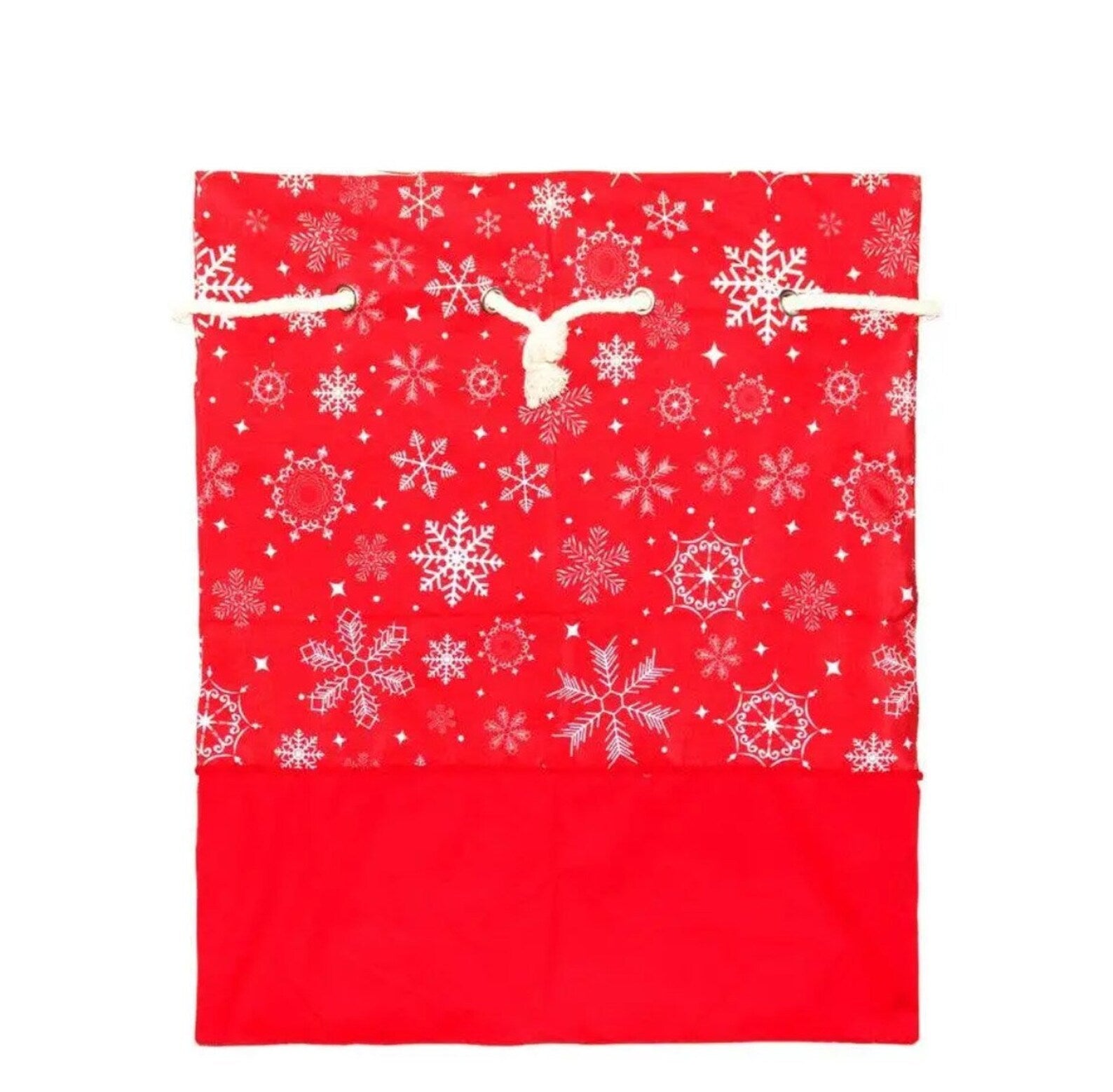 Red drawstring bag with white snowflake pattern on a white background