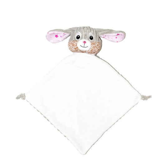 Plush bunny-shaped comforter with a white blanket on a white background