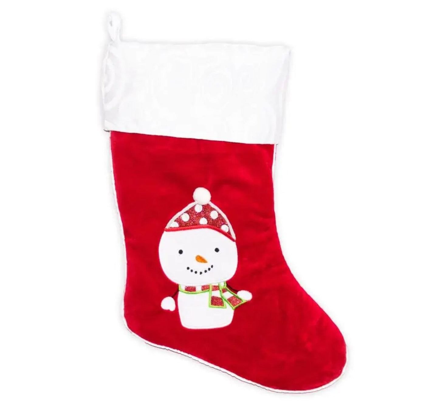 Red Christmas stocking with a snowman design on a white background