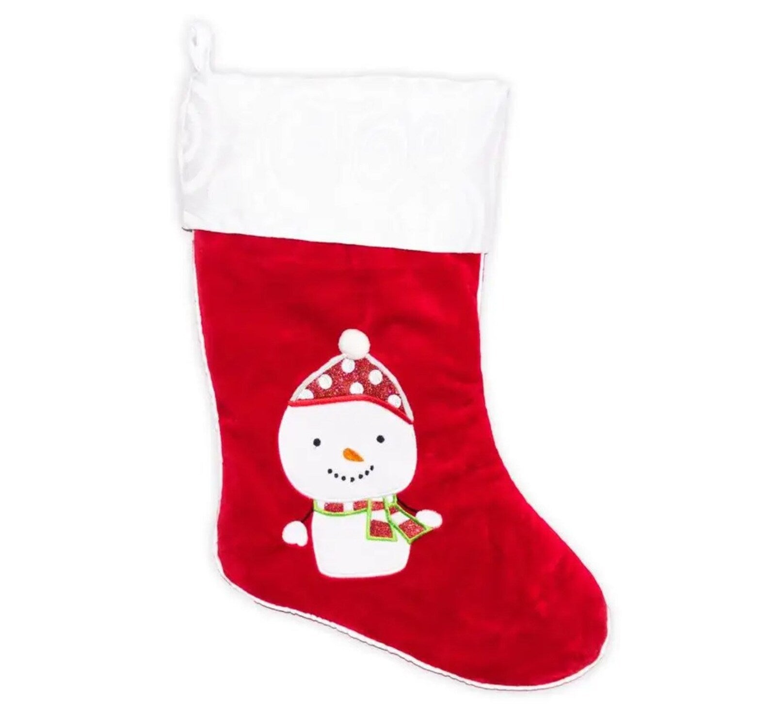 Red Christmas stocking with a snowman design on a white background