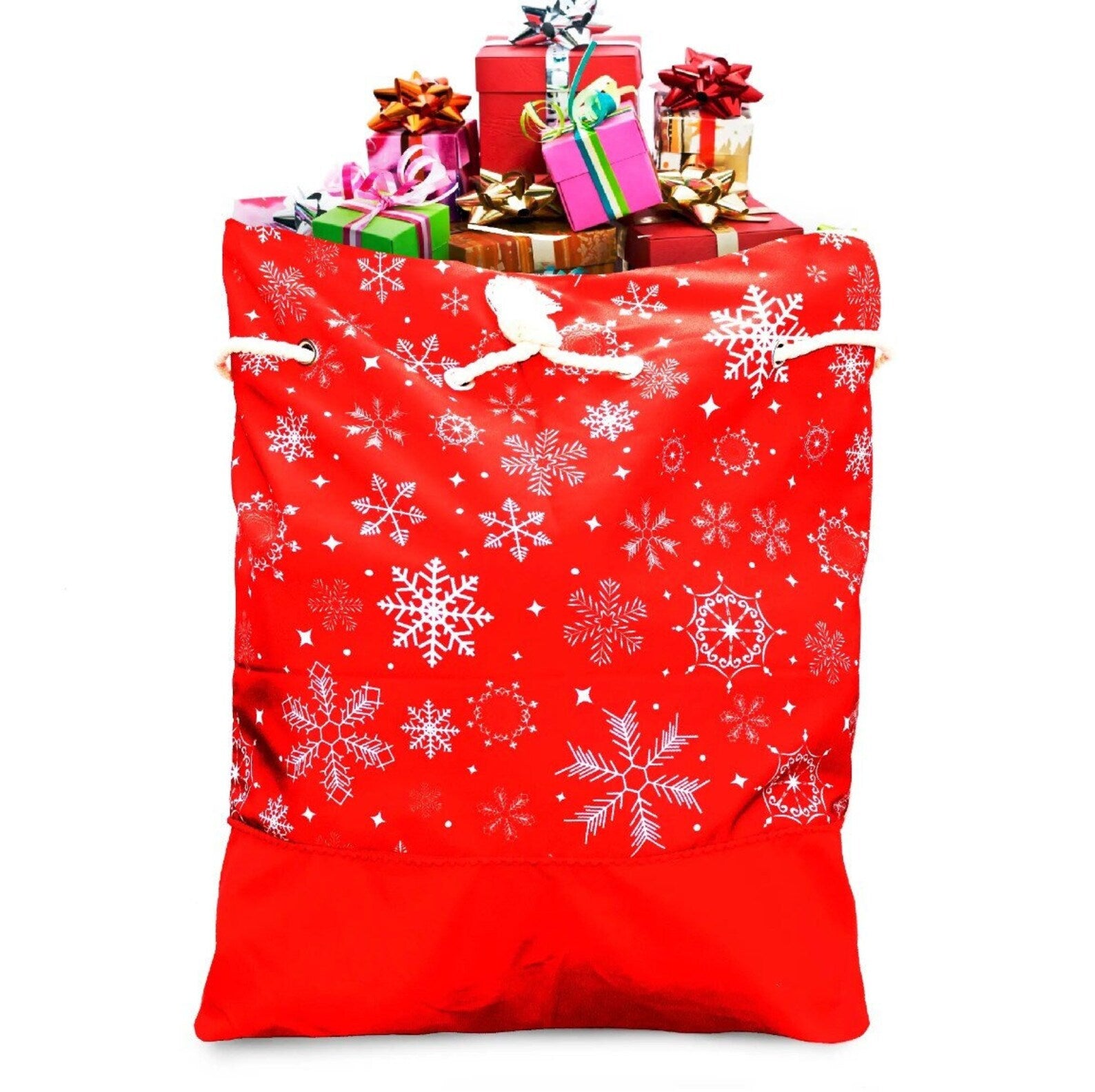 Red gift sack with snowflake pattern filled with Christmas presents on a white background