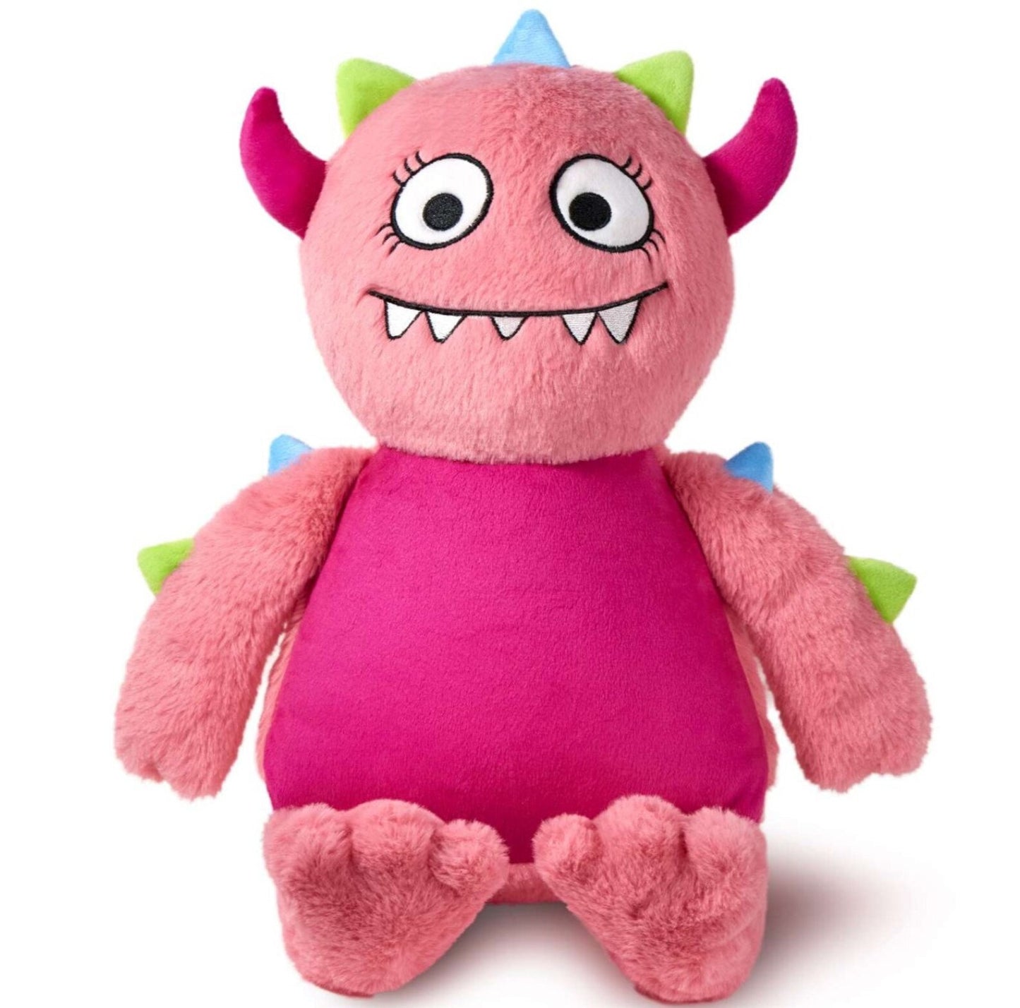 Pink plush toy with horns and a smiling face on a white background