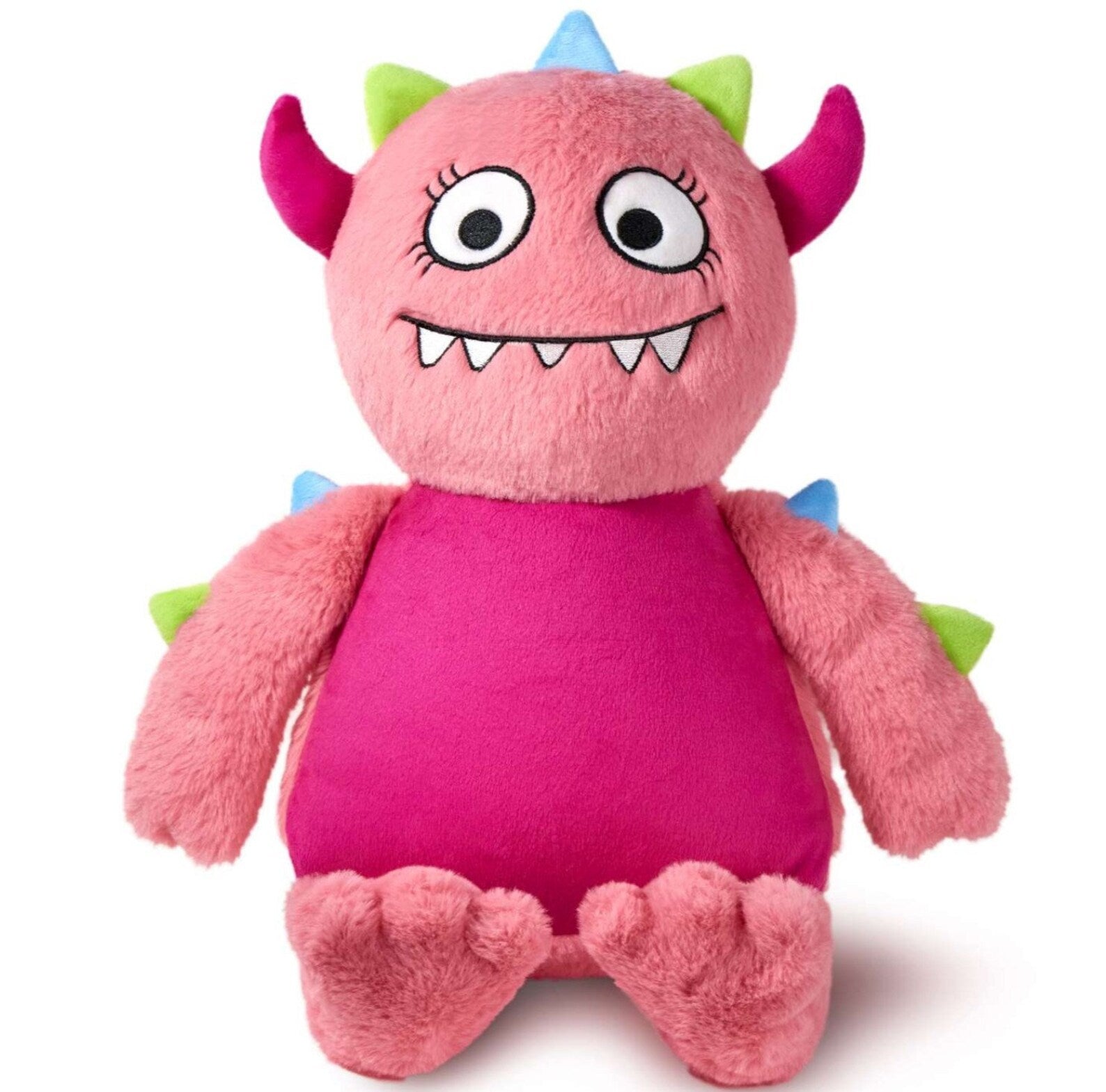 Pink plush toy with horns and a smiling face on a white background
