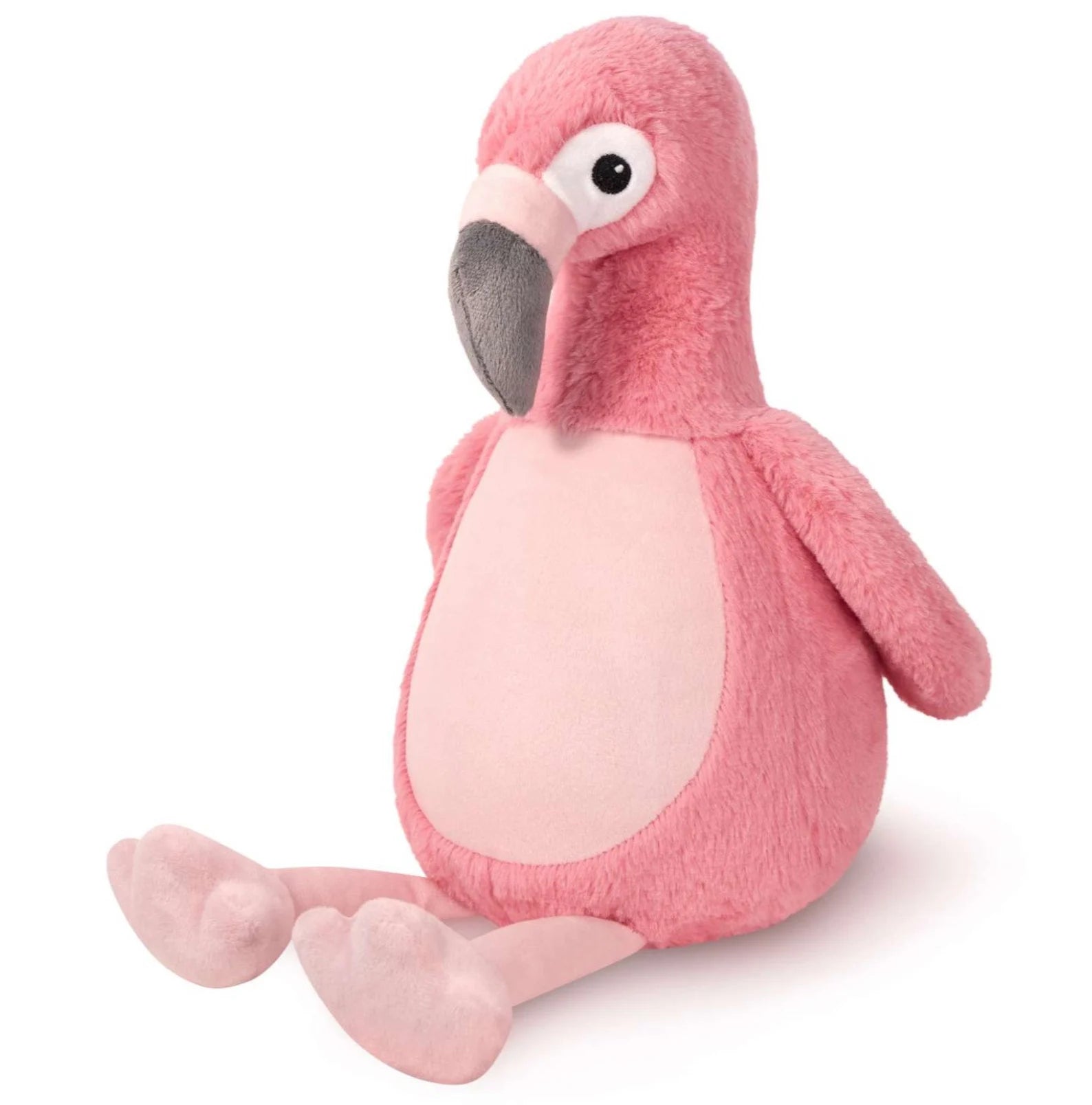 Pink plush flamingo toy on a white background