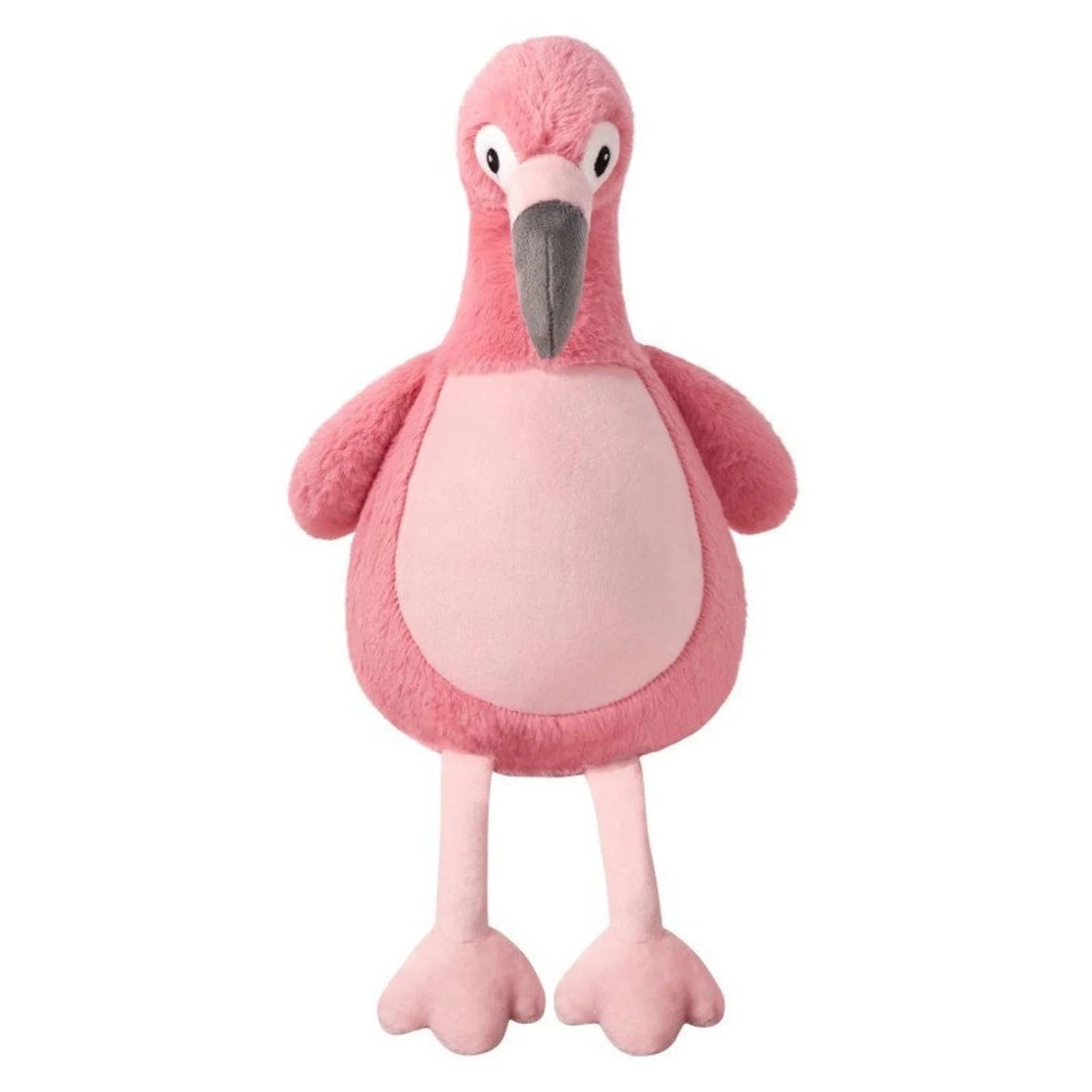 Pink plush flamingo toy on a white background