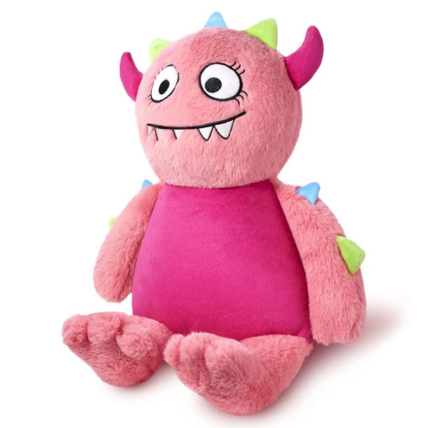 Pink plush toy with colorful horns on a white background