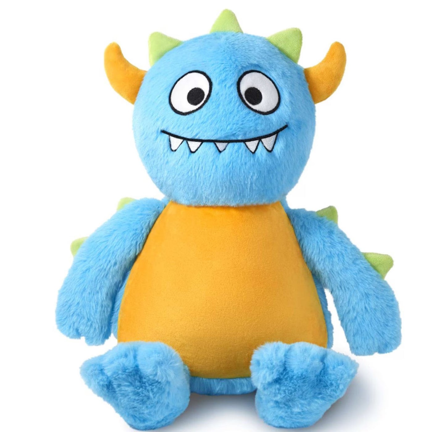 Blue and yellow plush toy with horns on a white background