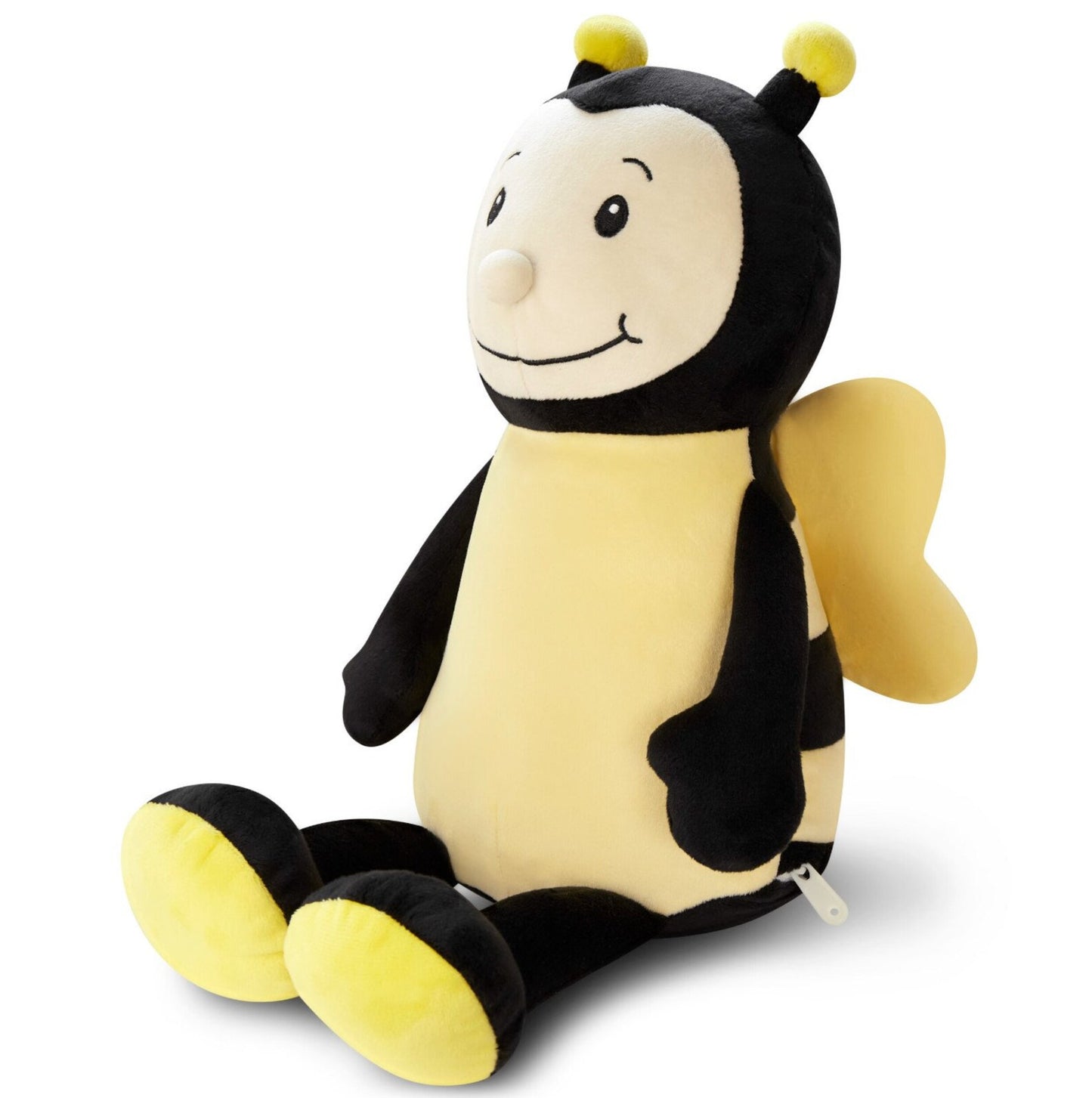 Plush toy bee with a smiling face on a white background