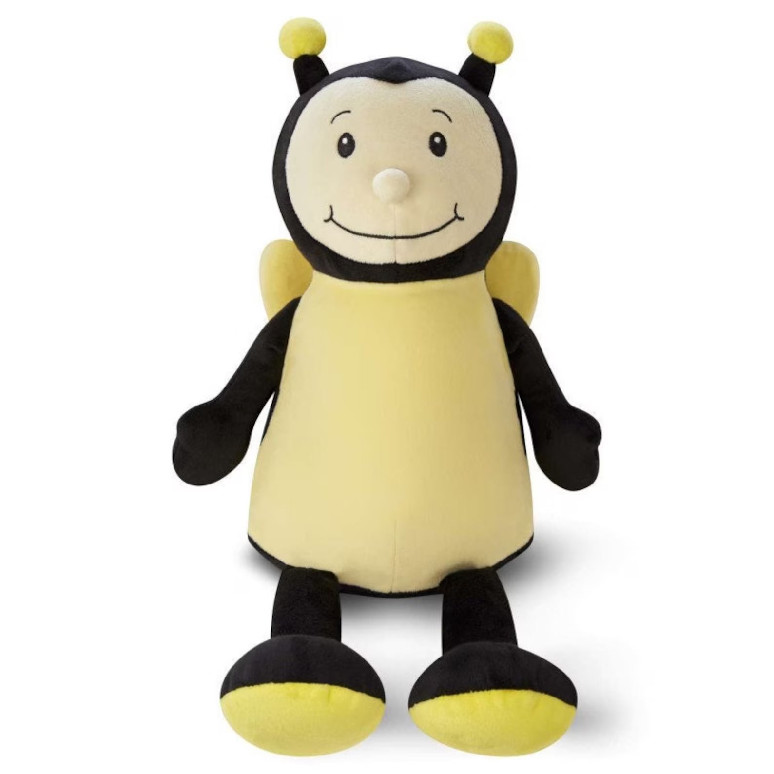 Plush toy bee with a smiling face on a white background