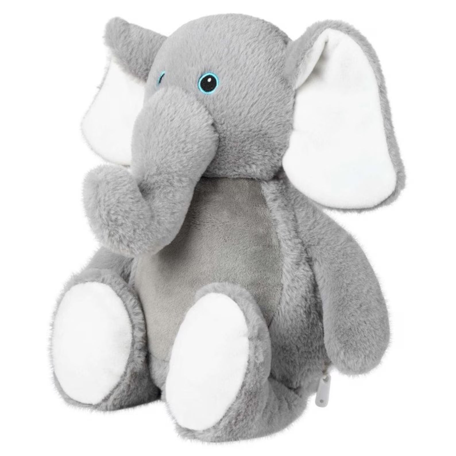 Gray plush elephant toy with white feet on a white background