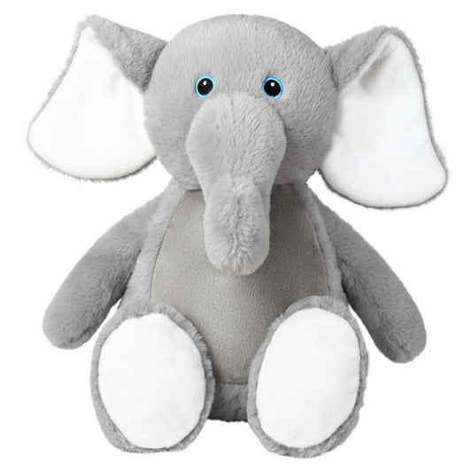 Gray plush elephant toy with white feet on a white background