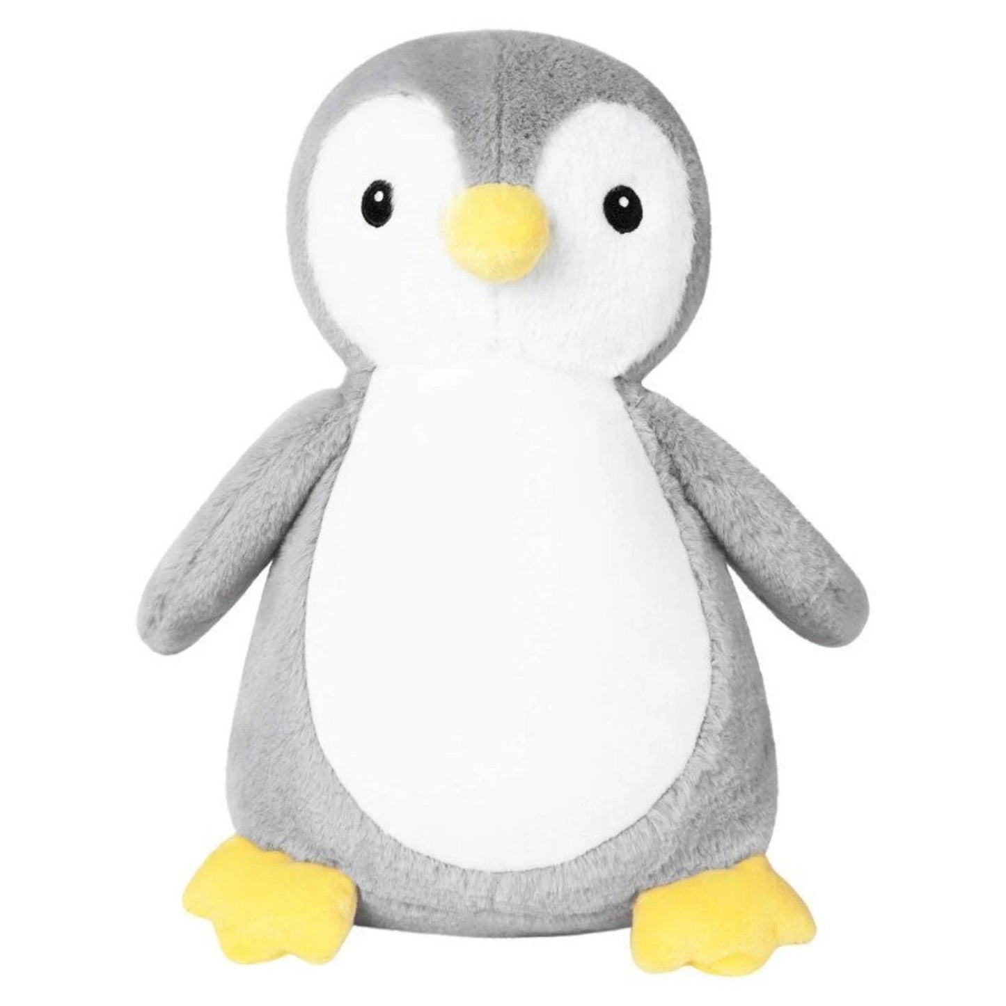 Plush penguin toy with gray body, white belly, and yellow feet and beak on a white background