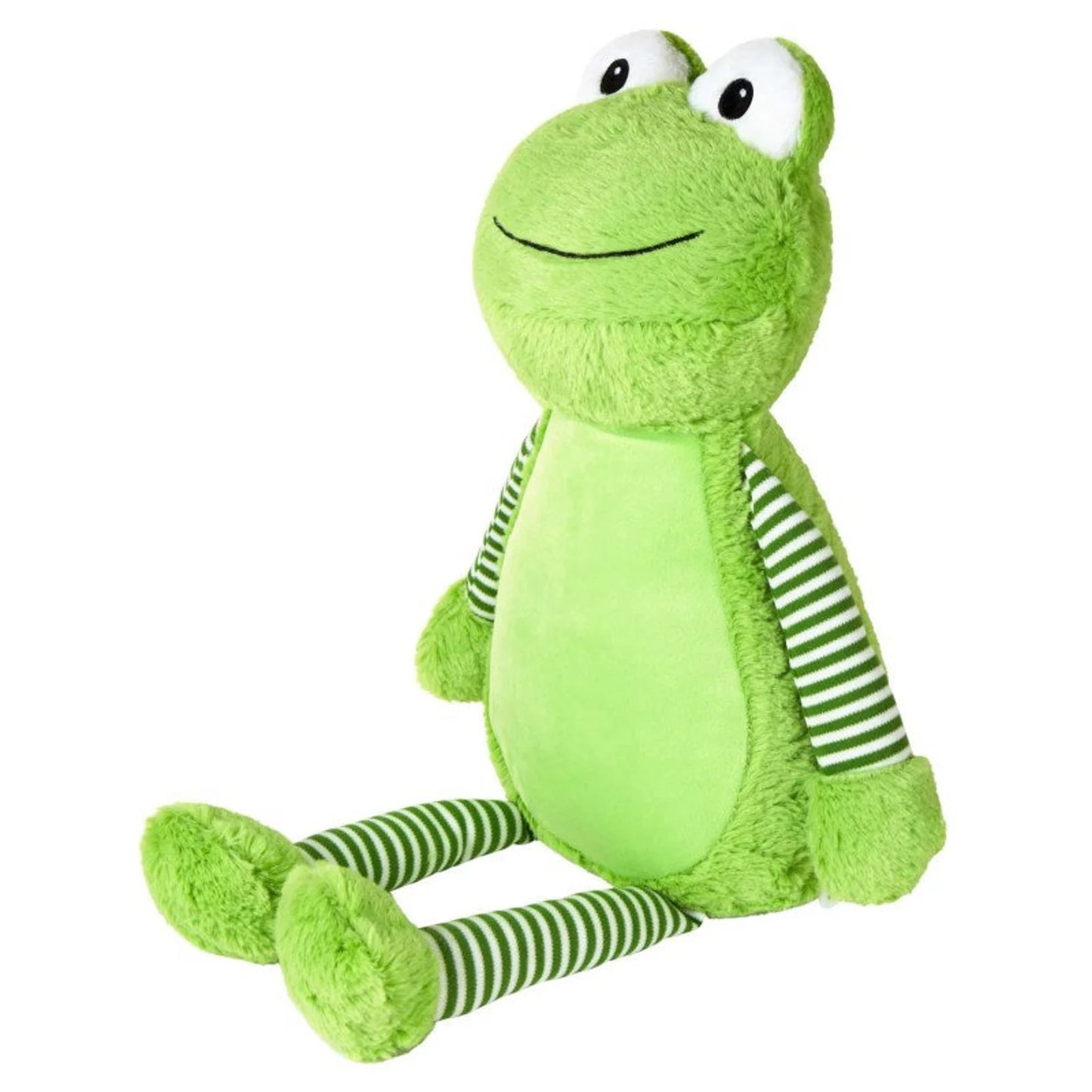 Green plush frog toy with a striped shirt on a white background