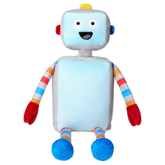 Plush robot toy with a light blue body, colorful arms and legs on a white background