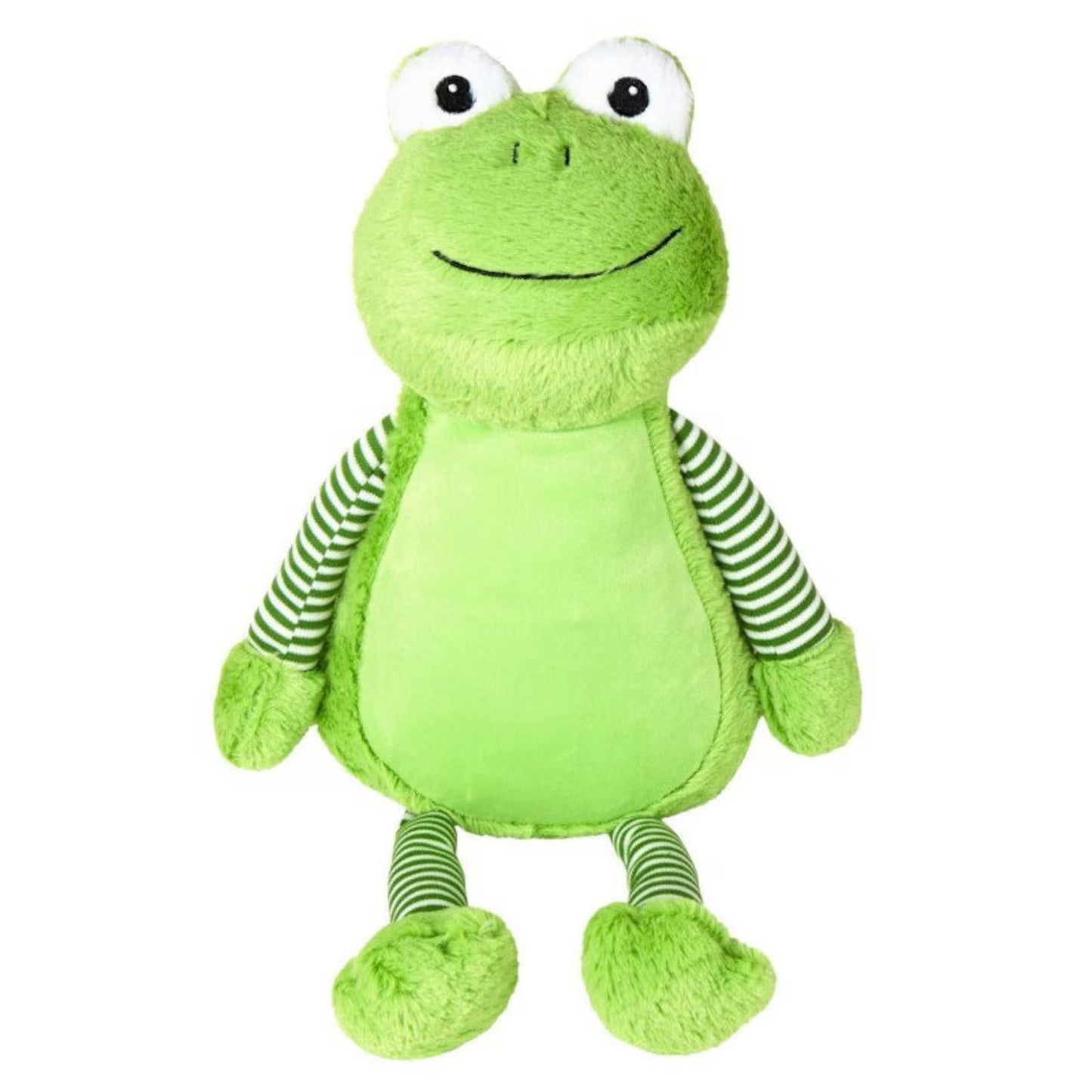 Green plush toy with striped arms on a white background