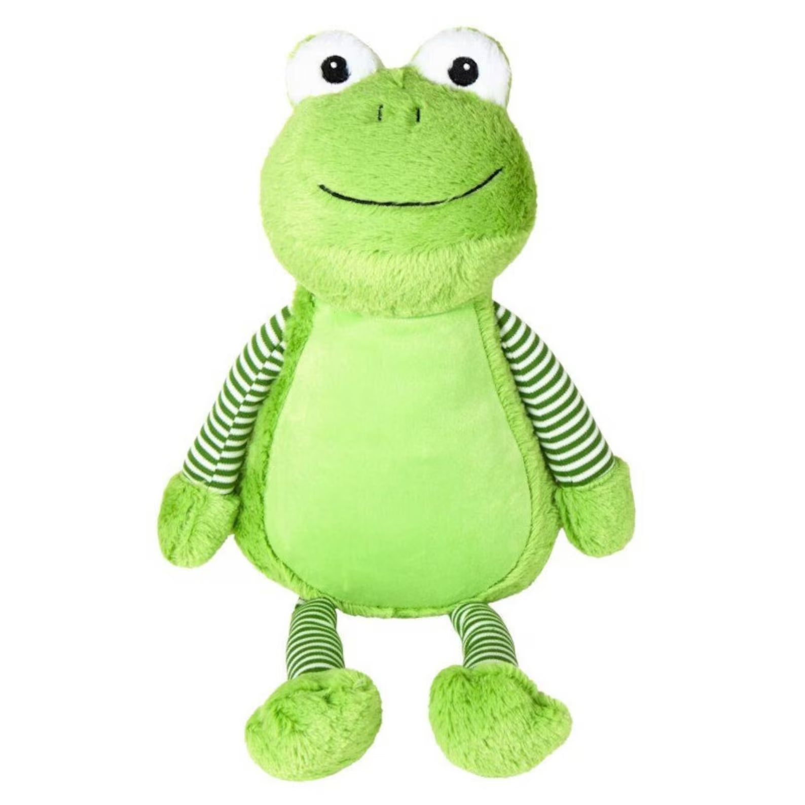 Green plush toy with striped arms on a white background