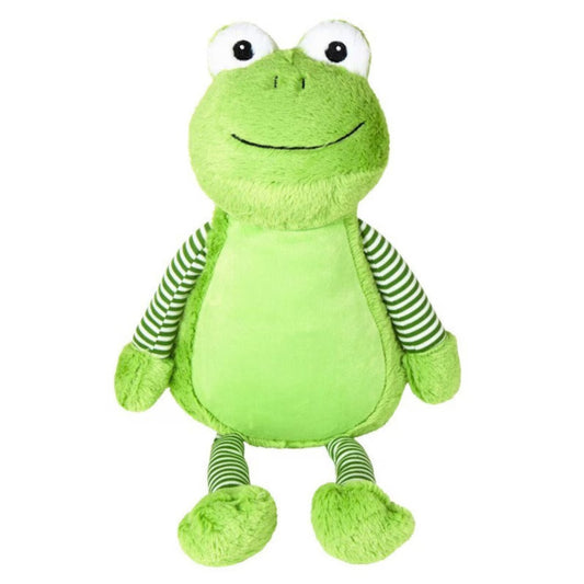Green plush toy with striped arms on a white background