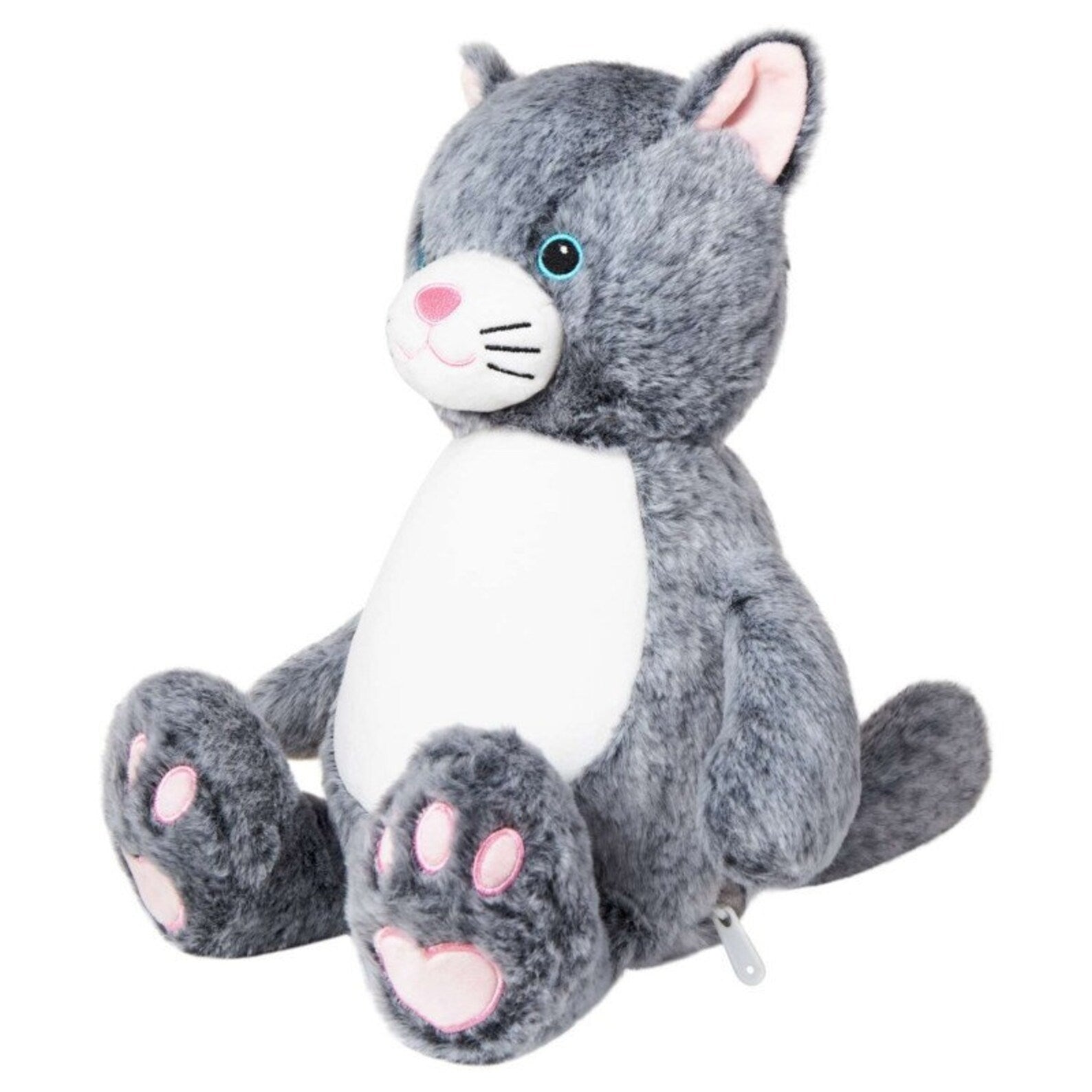 Plush toy cat with gray fur, white chest, and pink paws on a white background