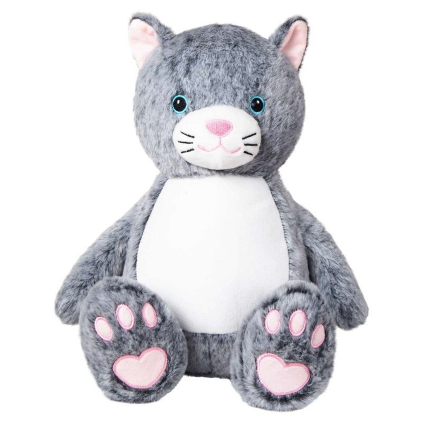 Gray plush cat toy with pink accents on a white background